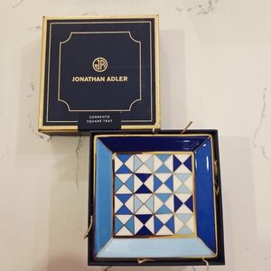 Jonathan Adler Square Tray Sorrento Blue White Gold Trim Geometric Trinket Dish